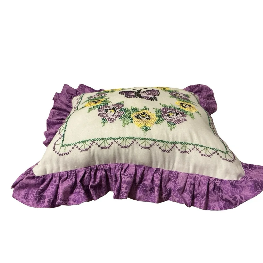 Janlynn Complete Pansy And Butterfly Needlepoint Pillow Botanical Purple‎ Ruffle